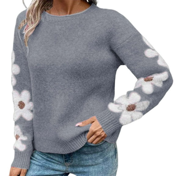 DHFJKG Floral Jacquard Knit Sweater Pullover For Women Long Sleeve Crewneck Regular Fit Knitwear Stylish Leisure Tops