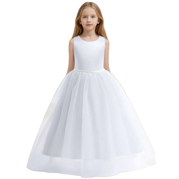 DHFJKG Flower Girls Satin Dresses Kids Wedding Sleeveless Backless Mesh Ball Gowns Long Dress With Bowknot Prom Formal Party Cozy Dresses