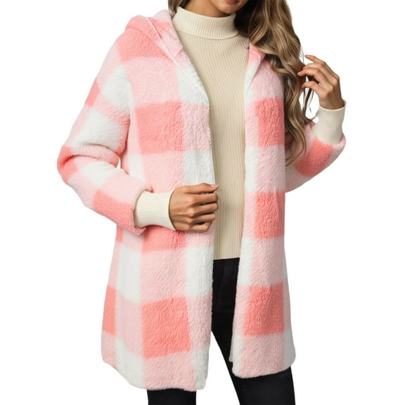 DHFJKG Fluffly Hoodies Jackets For Women Thermal Fuzzy Long Sleeve Open Front Hooded Plaid Coat Winter Soft Outerwear
