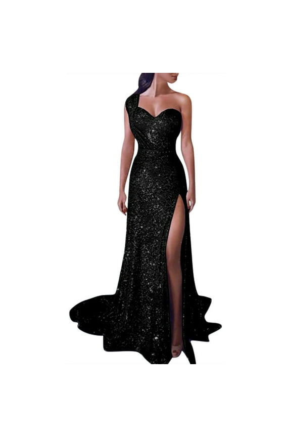 Formal Dresses For Women Glitter One Shoulder Prom Party Ball Gown Sexy Evening Sweetheart Neck Maxi Dress Split Versatile Dresses