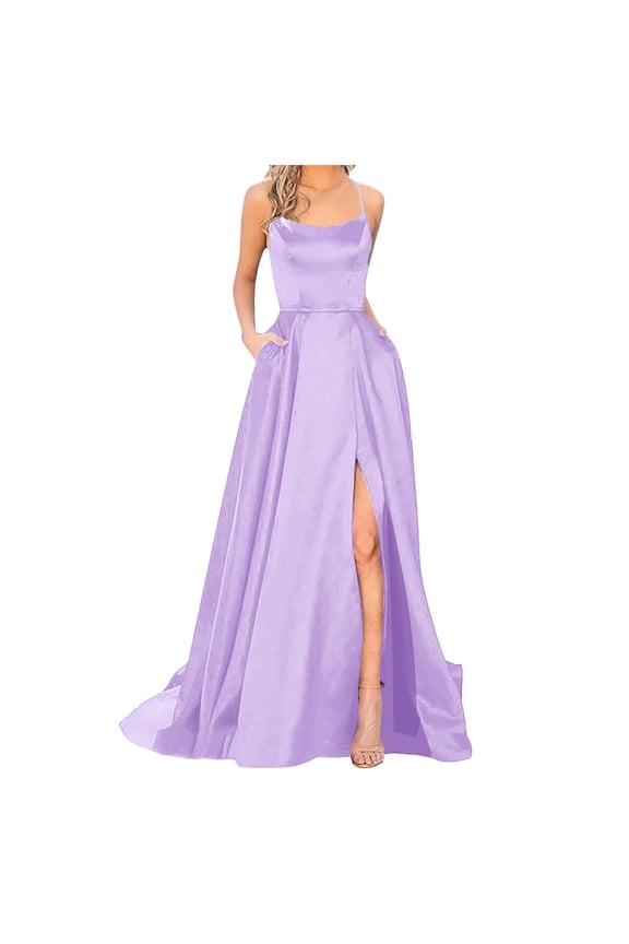 Formal Dresses For Women Wedding Guest Dress Maxi Evening Gown Spaghetti Strap Silk Satin Party Prom Dress Cross-Back Side Slit Cozy Dresses