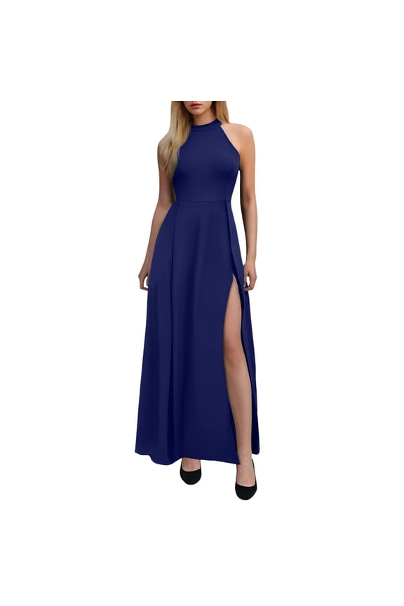 Formal Dresses For Women Wedding Guest Dress Sexy Split Sleeveless Halter High Neck Solid Color Long Dress Evening Gown Versatile Dresses