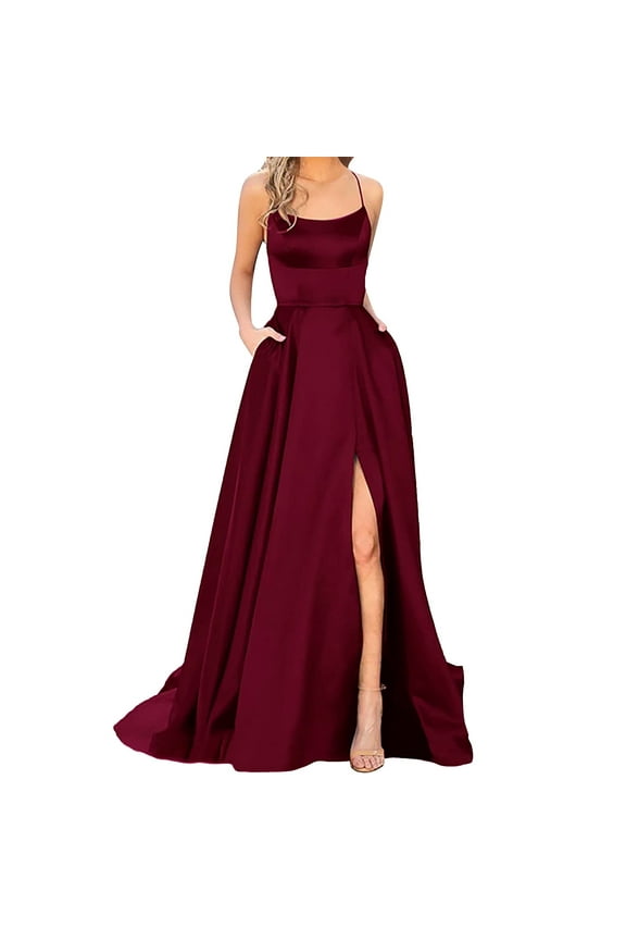 Formal Dresses For Women Maxi Evening Gown Spaghetti Strap Backless Silk Satin Party Prom Dress Cross-Back Side Split Wedding Guest Dress Stylish Dresses