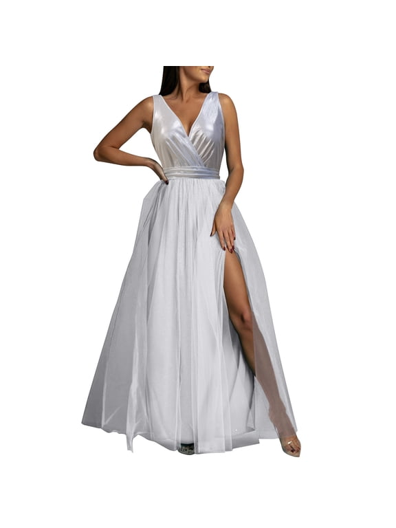 Formal Maxi Dress Women V Neck Sleeveless Sexy Solid Color Party Prom Dress Split Evening Gown Mesh Layered Versatile Dresses
