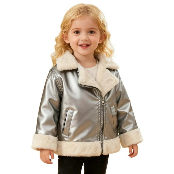 DHFJKG Girl Cropped Jacket Leather Windproof Fuzzy Lining Notched Lapel Zipper Coat With Pocket Kids 1-11 Years Warm Stylish Outerwear