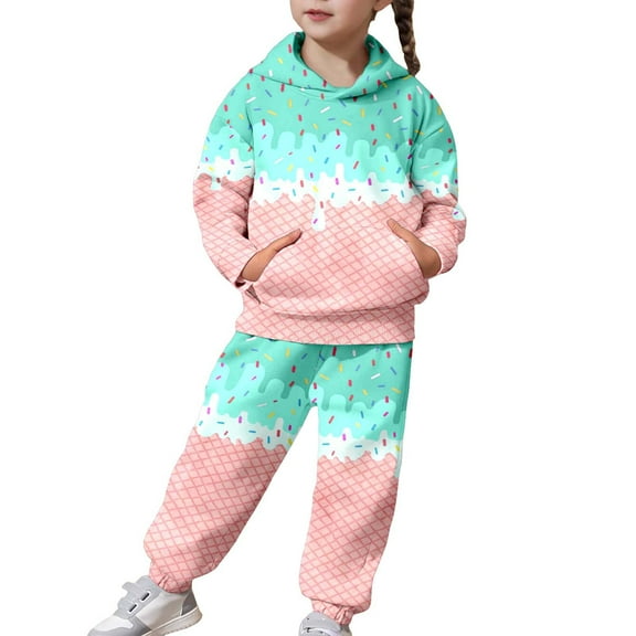 DHFJKG Girls 2 Piece Outfits Tracksuit Drop Shoulder Ice Cream Print Long Sleeve Pocket Hooded Sweatshirts And Jogger Pants For Kids Youth 1Y-13Y Winter Soft Comfort Sets