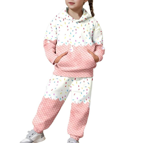 DHFJKG Girls 2 Piece Outfits Tracksuit Drop Shoulder Ice Cream Print Long Sleeve Pocket Hooded Sweatshirts And Jogger Pants For Kids Youth 1Y-13Y Winter Soft Cozy Sets