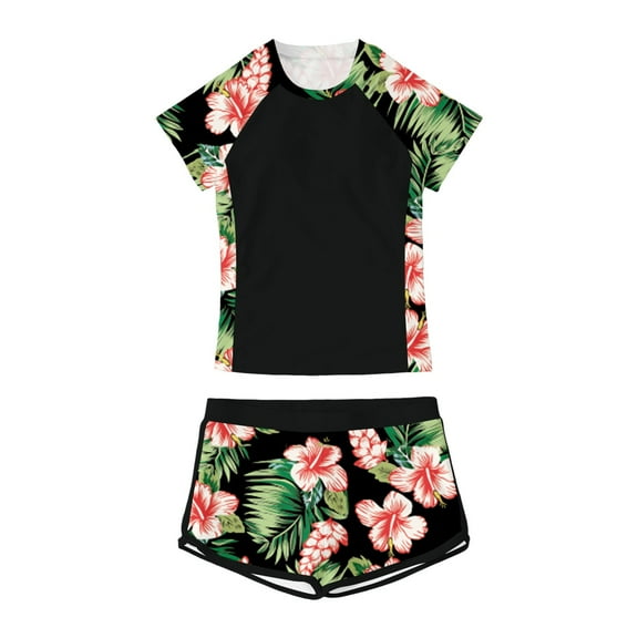 DHFJKG Girls 2 Piece Swimwear Set Summer Beach Pool Outfit Floral Print Round Neck Padded Top With Shorts For 7-14 Years Casual Beachwear