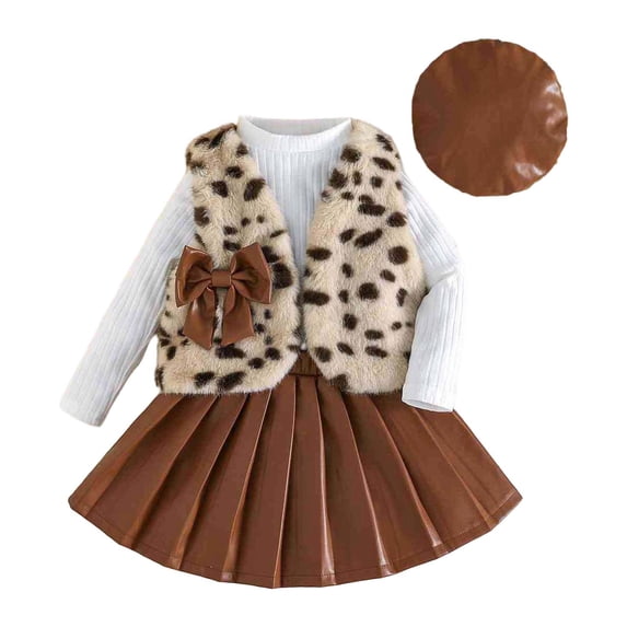 DHFJKG Girls 4 Piece Outfit Winter Fluffy Leopard Open Front Vest Long Sleeve Ribbed Top With Leather Skirts Beret Hat For Toddler Kid Cozy Outfit