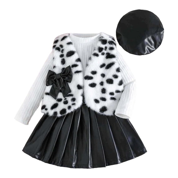 DHFJKG Girls 4 Piece Outfit Winter Fluffy Leopard Open Front Vest Long Sleeve Ribbed Top With Leather Skirts Beret Hat For Toddler Kid Leisure Outfit