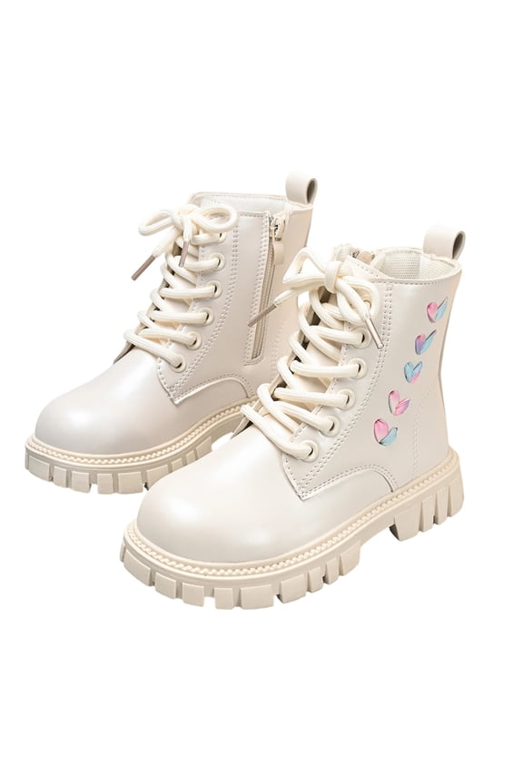 Girls Ankle Boots Leather Upper Floral Pattern Side Zipper Lace Up Lug Sole Non- Winter Boot For Little Big Kids Trendy Shoes