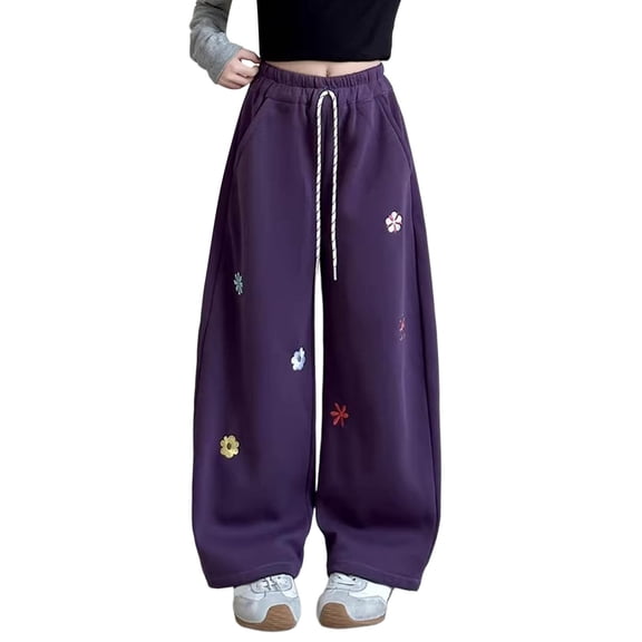 DHFJKG Girls Baggy Sweatpants Elastic Waistband Loose Fit Floral Embroidery Joggers Pants For Kids Teens Youth Fall Winter Cozy Trousers