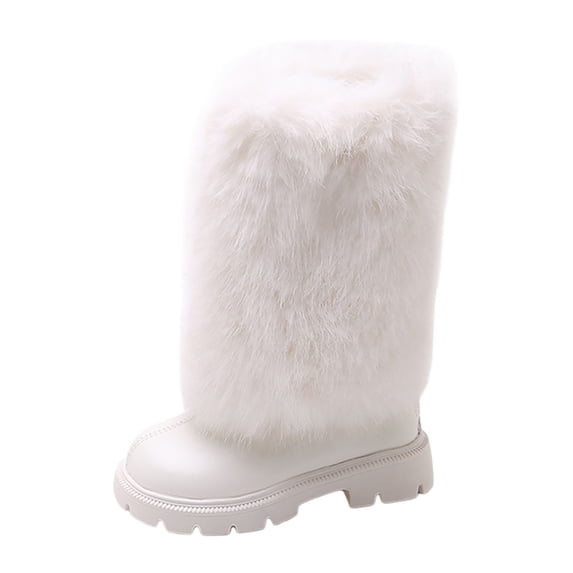 DHFJKG Girls Boots Mid Calf Boots With Zipper Fuzzy Lining Leather Upper Round Toe Lug Sole Non Booties For Cold Weather Winter Gear Versatile Shoes