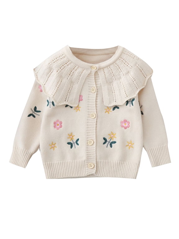 Girls Cardigan Sweaters Peter Pan Collar Floral Embroidered Long Sleeve Knitted Jacket Cardigan Soft Outerwear