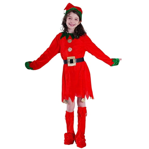 DHFJKG Girls Christmas Elf Dress Up Outfits 3 Piece Sets Long Sleeve Dress With Hat Boots For Festive Xmas Party Stage Celebrations Comfort Outfit