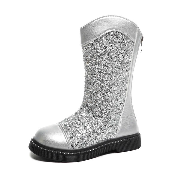 DHFJKG Girls Glitter Boots Sparkly Sequins Solid Color Round Toe Knee-High Zipper Boots For Toddler Kids Comfortable Versatile Shoes