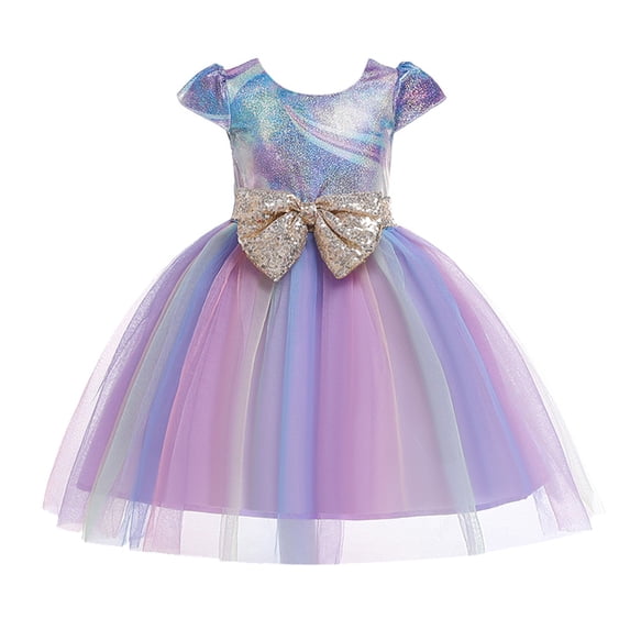 DHFJKG Girls Glitter Dress Kids Short Sleeve Rainbow Mesh Ball Gowns With Sequins Bowknot Birthday Party Wedding Bridesmaid Soft Dresses
