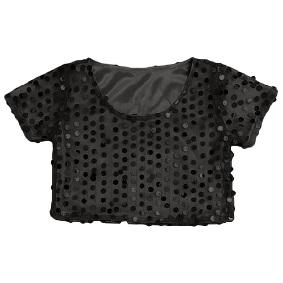DHFJKG Girls Glitter Sequin Crop Top Short Sleeve Shirt Stage Performance Singing Dancing Strechy Tee Soft Tops