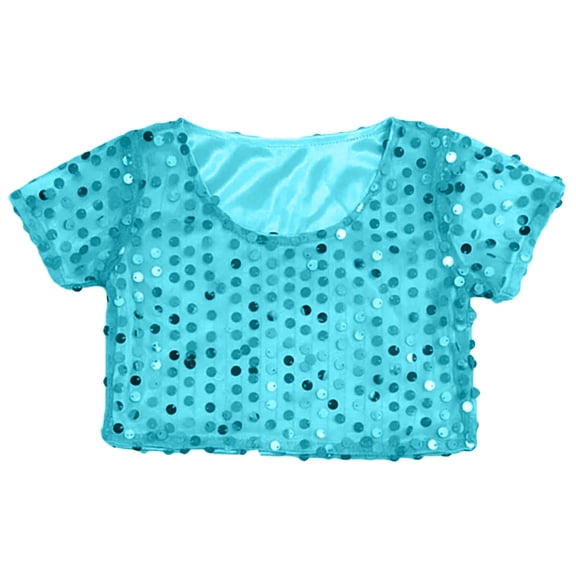 DHFJKG Girls Glitter Sequin Crop Top Short Sleeve Shirt Stage Performance Singing Dancing Strechy Tee Trendy Tops