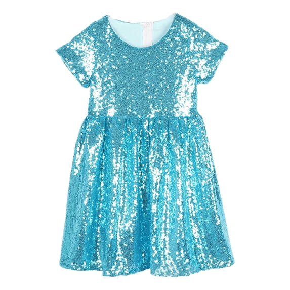 DHFJKG Girls Glitter Sequins Dress Kids A-Line Short Sleeve Long Party Dress Bridesmaid Wedding Trendy Dresses