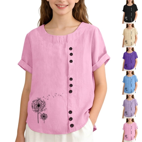 DHFJKG Girls Graphic Tees Short Sleeve Summer T Shirt Crew Neck Baggy Top Kids Girl Clothes 4-14Y Stylish Tops