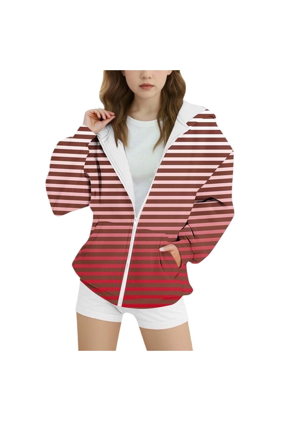 Girls Hooded Jacket Striped Outerwear Zip Up Coats For Toddler Youth Lightweight Windproof Spring Fall Casual Jackets Long Sleeve With Pockets Stylish Outerwear