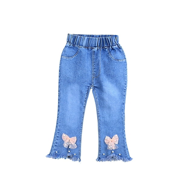 DHFJKG Girls Jeans Denim Flare Pants Slim Fit Elastic Waist Bow Appliques Pants With Pockets For Kids 3-8 Years Old Casual Trousers