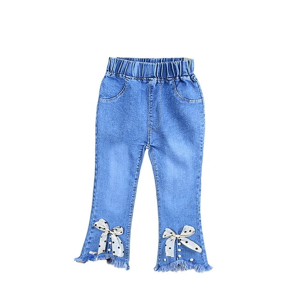 DHFJKG Girls Jeans Denim Flare Pants Slim Fit Elastic Waist Bow Appliques Pants With Pockets For Kids 3-8 Years Old Versatile Trousers