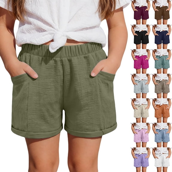 DHFJKG Girls Linen Shorts Elastic Waist Soft Playwear Comfortable Loose Fit Solid Color Summer Beach Shorts For Kids 5-13Y Soft Bottoms