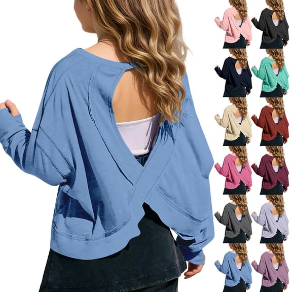 DHFJKG Girls Long Sleeve Crop Top Hallow Out Backless Loose Fit T Shirts With Thumb Hole Kids Workout Clothes 4-14Y Soft Tops