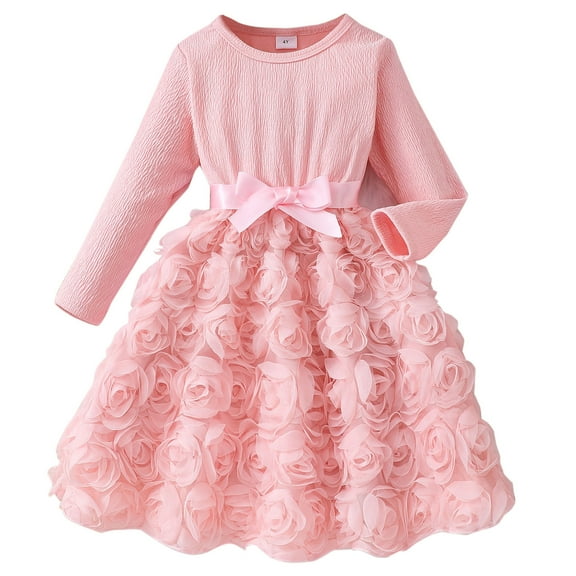 DHFJKG Girls Long Sleeve Dress 3D Rose Flower Design Crew Neck A Line Princess Dress With Belt Size 2-8Y Party Prom Comfortable Dresses