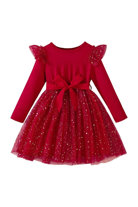 Girls Long Sleeve Dresses Ruffle Belted Sparkly Sequins Mesh Tutu Dress Size 4-7 Years Sweet Dresses