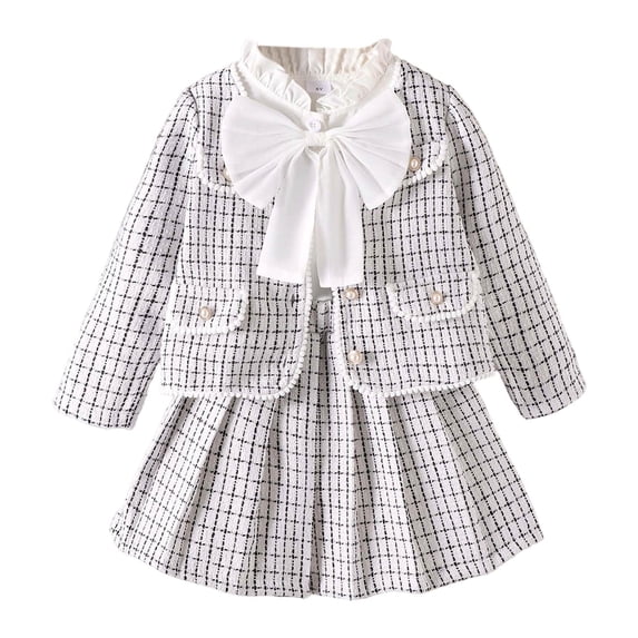 DHFJKG Girls Outfits Bow Tie Long Sleeve Blouse With Pleated Skirt Preppy Style 2 Piece Cozy Outfit