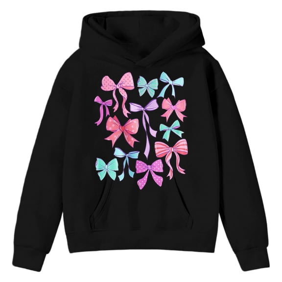 DHFJKG Girls Oversized Hoodies Kids Sweatshirt Soft Long Sleeve Bow Print Pullover With Pocket Size 2-13 Years Comfortable Cozy Tops