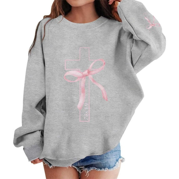 DHFJKG Girls Oversized Sweatshirts Bow Print Long Sleeve Crewneck Drop Shoulder Pullover Top Outerwear For Everyday Play School Wear Casual Jumper Tops