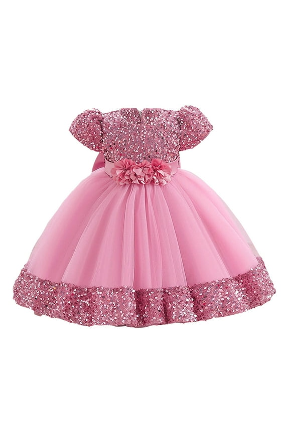 Girls Princess Flower Dress Prom Glitter Sequins Puff Short Sleeve Mesh Maxi Puffy Ball Gowns Wedding Performance Formal Wear Little Big Kids Stylish Dresses