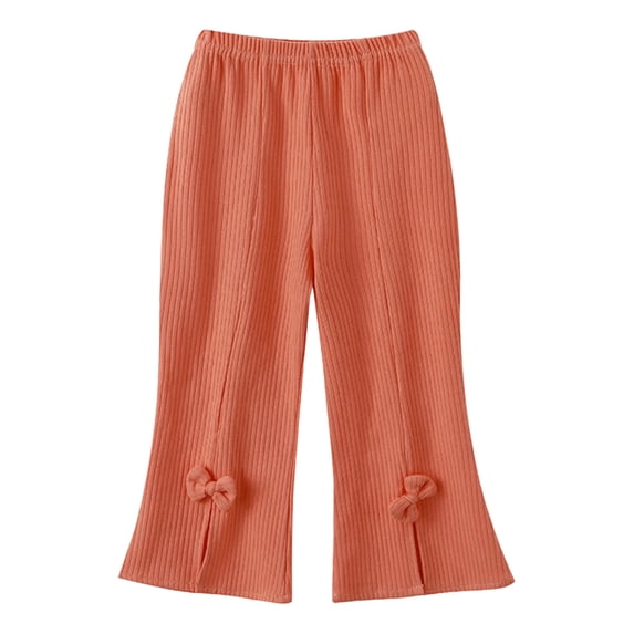 DHFJKG Girls Ribbed Knit Flare Pants With Bow Detail Solid Color Stretchy Trousers For Spring Fall Winter Elastic Waist Casual Pants