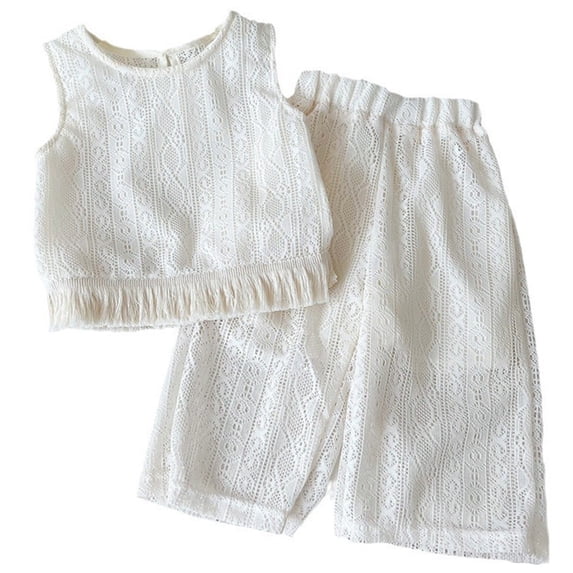 DHFJKG Girls Summer Outfits 2 Piece Set Casual Knit Sleeveless Top With Wide Leg Pants Breathable Lace Hollow Out Design Trendy Toddler Clothes For Ages 2-10 O-Neck Leisure Outfit