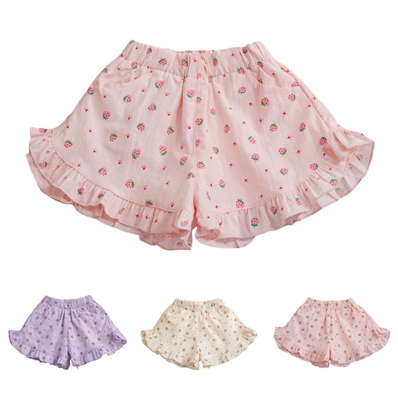 DHFJKG Girls Summer Shorts For Toddlers Kids Cute Strawberry Printed Ruffle Hem Elastic Waist Soft Casual Playwear 1-6Y Stylish Bottoms