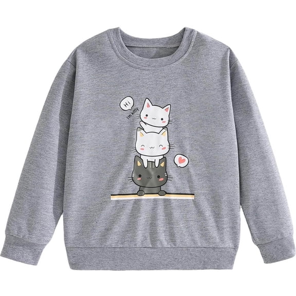 DHFJKG Girls Sweatshirt Cute Cat Graphic Print Crewneck Sweatshirt Long Sleeve Casual Pullover Winter Top Trendy Tops