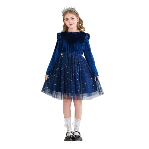 DHFJKG Girls Velvet Long Sleeve Dress Ruffle Sparkly Sequins Tutu Mesh Party Performance Dress Stylish Dresses