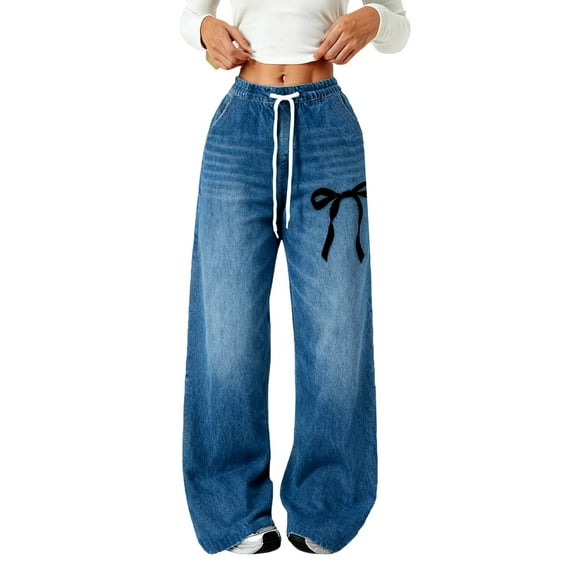 DHFJKG Girls Wide Leg Washed Jeans Bow Printed Loose Fit Elastic Waist Denim Pants With Drawstring Pockets For 4-16 Years Old Casual Trousers