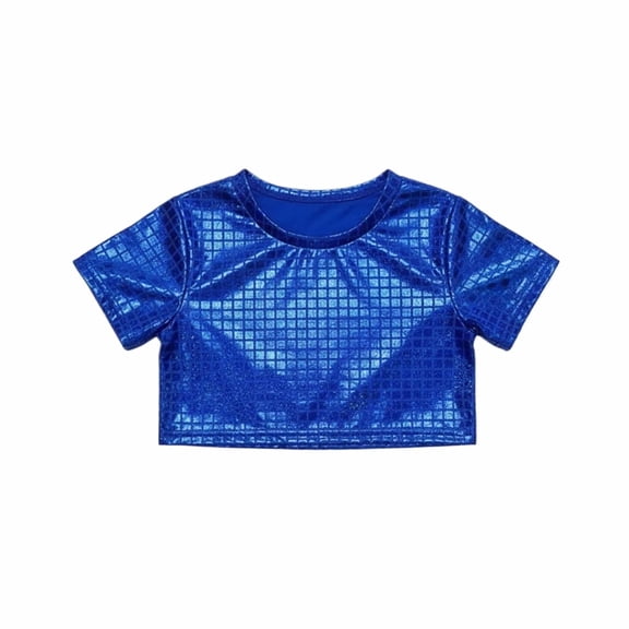 DHFJKG Glitter Crop Top For Girls Carnival Performance Wear Plaid Shiny Short Sleeve T-Shirts Dance Cozy Tops