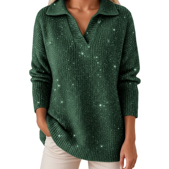 DHFJKG Glitter Sweaters For Women Long Sleeve Casual Knit Top Sparkly Collared Loose Fit Soft Comfortable Everyday Spring Fall Outfits Trendy Tops