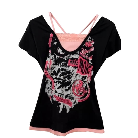 DHFJKG Gothic Clothes For Women 2 In 1 Lace Trim Graphic Tee Summer Short Sleeve Slim Fit T Shirt Punk Rock Outfit Soft Tops