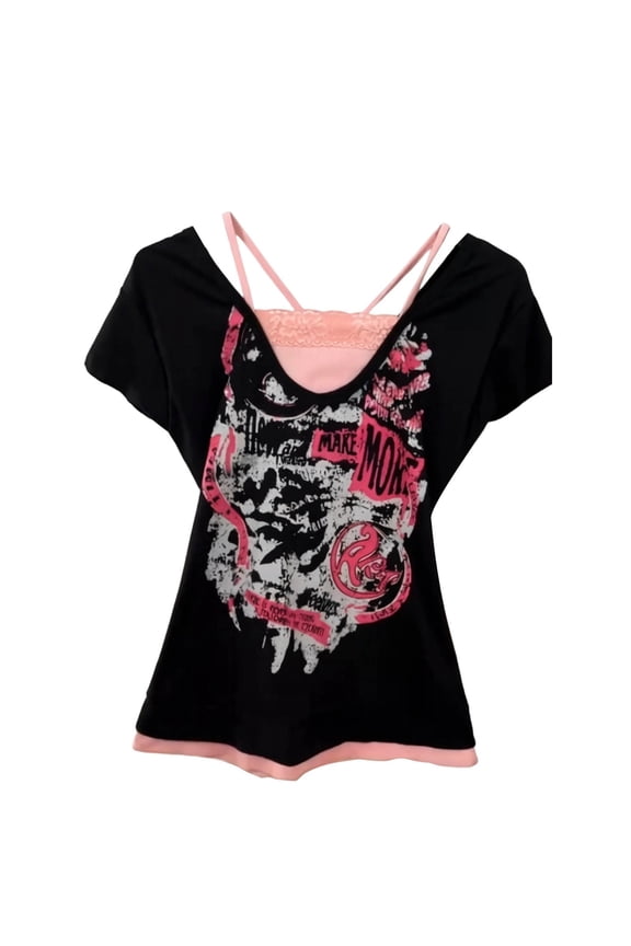 Gothic Clothes For Women 2 In 1 Lace Trim Graphic Tee Summer Short Sleeve Slim Fit T Shirt Punk Rock Outfit Soft Tops