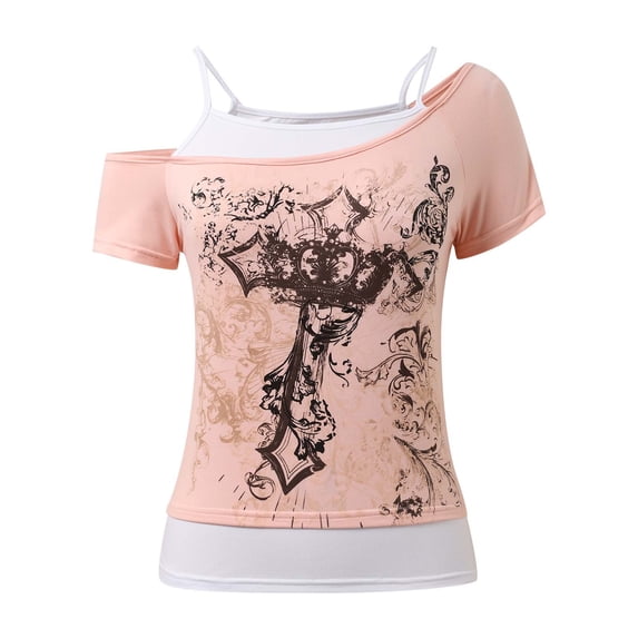DHFJKG Gothic Summer Fashion T Shirt For Women Short Sleeve Tee 2 In 1 Design Casual Comfortable Vintage Asymmetrical Trendy Tops