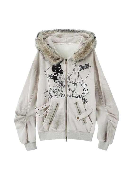 Gothic Zip Up Hoodie Women Rabbit Ears Fuzzy Trim Hooded Y2k Vintage Graphic Long Sleeve Sweatshirt Jacket