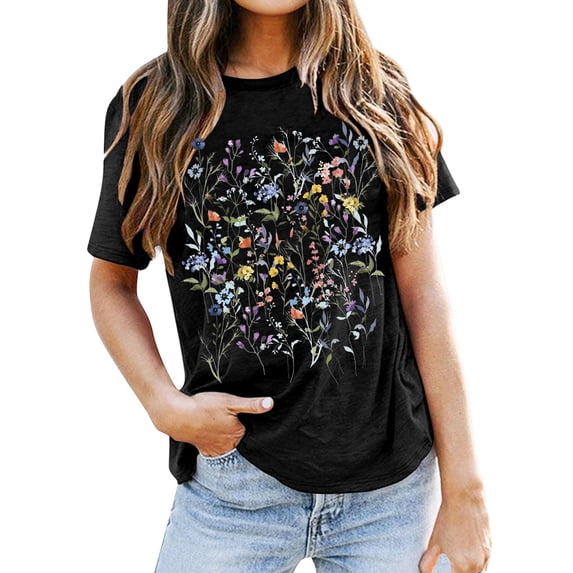 DHFJKG Graphic Tee For Women Short Sleeve T Shirt Floral Printed Round Neck Loose Fit Lightweight Summer Soft Tops