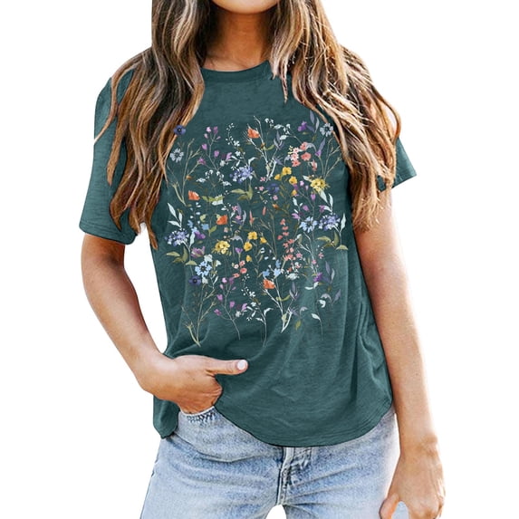 DHFJKG Graphic Tee For Women Short Sleeve T Shirt Floral Printed Round Neck Loose Fit Lightweight Summer Soft Tops
